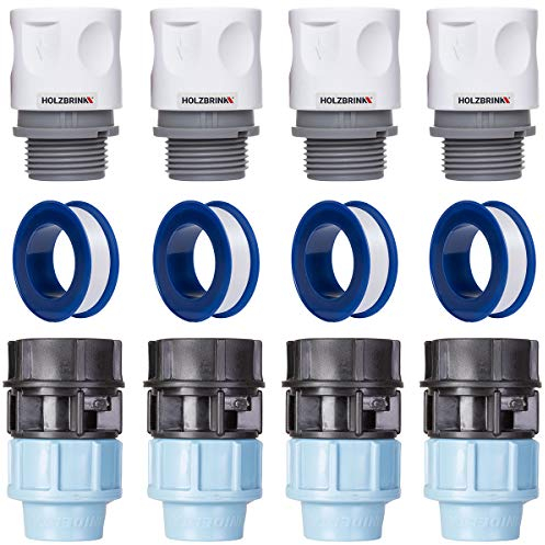 HOLZBRINK Kit de raccordement de Tuyau LDPE 20mm pour robinets : 4X Raccord Rapide 20mm, 4X Connecteur PE 20mm, 4X Bande de téflon