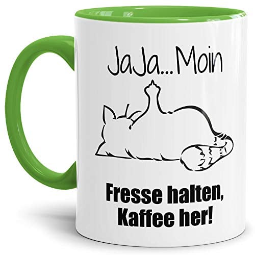 Tasse mit Spruch - Nö-Katze Ja Ja Moin - lustige Tasse für die Arbeit/Bürotasse/freche Tasse mit Katze/Geschenkidee lustig - Innen & Henkel Hellgrün