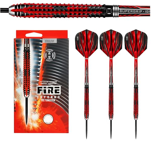 Harrows Fire Inferno 90% Tungsten Darts | Darts-Set mit Stahlspitze| 21g, 22g, 23g, 24g, 25g & 26g | Enthält Supergrip Ignite Shafts und 100 Micron Fire Flights- 25grmm
