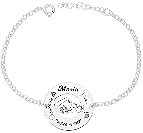 doble aro - Pulsera de Nacimiento en Plata de Ley - Graba los datos de Nacimiento de tu Bebé - Ideal para la mejor mamá