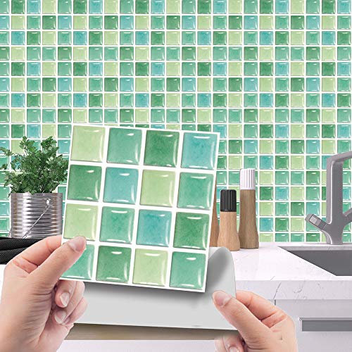 Hiseng Rettangolo Adesivi per Piastrelle da Cucina, Marmo 3D Mosaico Stampa Impermeabile Adesivo da Parete Formato Autoadesivo Decorativo per Bagno Decorazioni, 10x10cm (Verde,10Pezzi)
