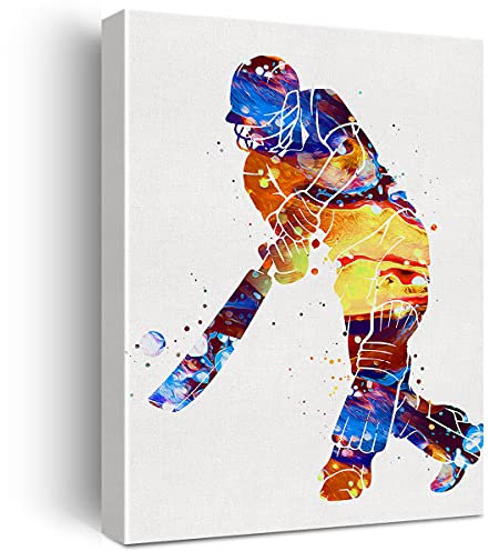 Cricketspieler, Aquarell-Wandkunst, männlicher Cricket-Kunst, Leinwandgemälde, Drucke für Zuhause, Wanddekoration, gerahmtes Kunstwerk, Cricketspieler, Geschenke (30,5 x 38,1 cm)