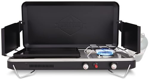 Hike Crew - Estufa y plancha de gas 2 en 1, quemador de propano portátil con encendedor integrado y bandeja de goteo de acero inoxidable, asa de transporte integrada, patas plegables y paneles de