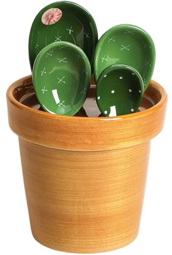 Sizikato 4pcs Porcelain Measuring Spoons with Base, Cute Cactus Shape