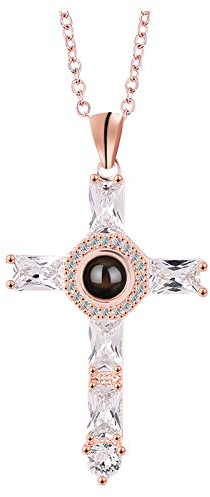 luoluoluo Klassischer Kreuz Paar Halsketten, Herren und Damen Silber Anhänger, Eingelegter Schwarzer Nano Gem, mit 100 SprachenIch liebe dich Projektion Ketten