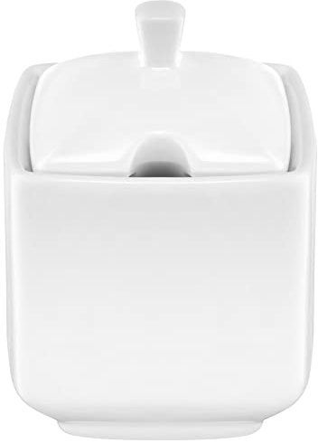 AMBITION Zuccheriera Porto con coperchio, 7,6 x 7,6 x 10,2 cm, bianco quadrato, coperchio in porcellana con foro per cucchiaio, tazza per zucchero, contenitore per zucchero, elegante lavastoviglie