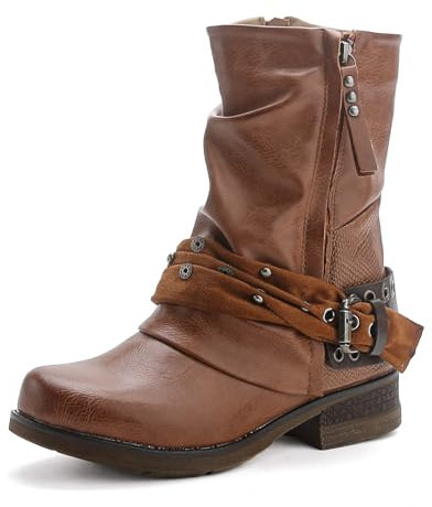 ST04 Bottines de motard pour femme - Bottes avec rivets - Talon bloc - Confortables - Automne Hiver - Boucles, camel, 39 EU