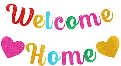 bng-bng Colorful Welcome Home Decorations Banners Flag Glitter Bunting Backdrop for Welcome Back Welcome Home Baby Shower Party Decorations Multicolor