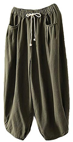 FTCayanz Damen Weite Baggy Haremshose Freizeithose Sommer Baumwolle Lockere Palazzo Hosen mit Taschen Armeegrün 2XL