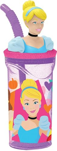 Disney Bicchiere viola per bambine in plastica Principesse Cenerentola Rapunzel Belle Ariel Bella addormentata 360 ml con cannuccia e figura 3D del personaggio