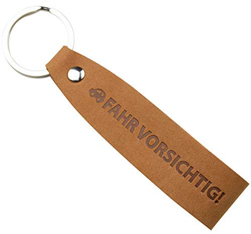 Personalisierter Schlüsselanhänger mit Gravur | Fahr Vorsichtig | Leder Hell | Schlüsselanhänger Auto LKW Motorrad Bus | 10.0x2,5cm | Geschenke für Männer und Frauen