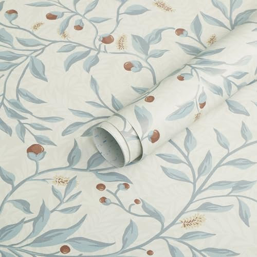 Timeet Sticky Back Plastic White Blue Leaves Self Adhesive Wallpaper Leaf Red Fruit Pattern Peel and Stick Wallpaper Waterproof Vinyl Film for Furniture Cabinet Wardrobe Shelf 41x300cm