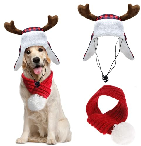 Weihnachtliches Geweih kariert Hund Nikolausmütze und Xmas Pet Red Knit Schal mit weißem Pompon Ball – Winter Halswärmer und festliche Party Verkleiden für Haustiere (Large)