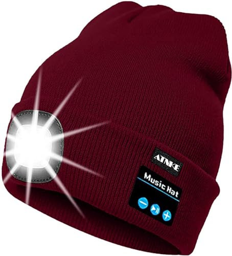 ATNKE LED beleuchtete Bluetooth Beanie Kappe, wiederaufladbare USB-Musikalische Laufmütze mit extrem hellem 4 LED Licht wasserdichte Lampe für das Skifahren/Wine Red