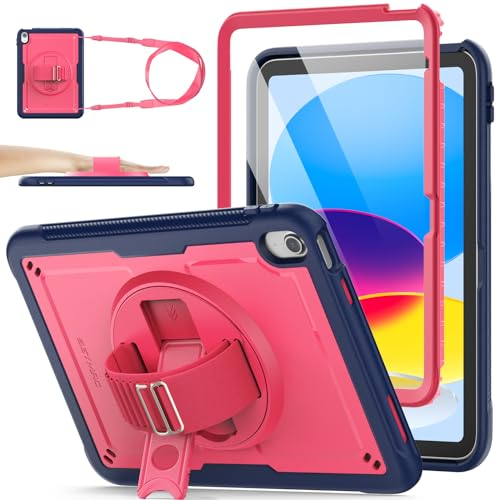 SEYMAC stock Case for iPad (A16) 11th/10th Generation 2025/2022 (11/10.9 Inch), Frosting-Anti-Slip Shockproof Case with Screen Protector, 360° Rotating Hand Strap/Stand, Pencil Holder, Red/Dark Blue