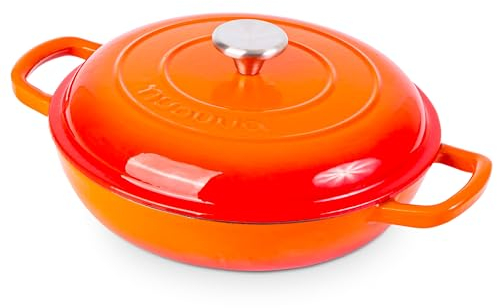 Casseruola bassa in ghisa con coperchio – antiaderente, adatta al forno fino a 260 °C – pentola resistente, adatta al forno – pentola smaltata – arancione, 2,3 Quart, 26 cm – Nuovva