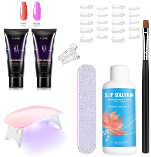 AIJIMEI Poly Nägel Gel 15ml,2Farben Nail Extension Gel Kit Mit Slip Solution Dual Forms Nagel Pinsel,UV/LED Nagellack Gel Poly Starter Set für Starter Nail Art Nageldesign DIY(Nude,Rose Pink)