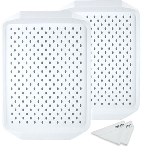 KAQAHIDO Large Non Slip Serving Tray with Grippy Dots, TV Lap Trays for Eating on Couch, Meal Serve for Dinner Breakfast, Rectangular Food Carrying for Plates, Glasses, Dishes, Set of 2, White