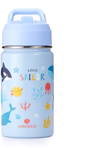 SANTECO Trinkflasche Kinder Edelstahl 380ml mit Strohhalm Auslaufsicher - Kinder Thermosflasche BPA-frei - Einfach zu Säubern - Thermoskanne Jungen/Mädchen für Kindergarten, Schule