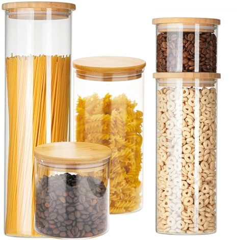 LATRAT Juego de tarros de almacenamiento con tapa, herméticos con tapa, tarros de almacenamiento para cereales, espaguetis, frijoles, harina, transparentes, 2100 ml+750 ml+600 ml+300 ml+250 ml