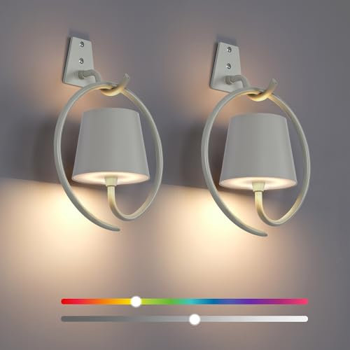 Battery Operated Wall Lights, 2 Pack Rechargeable Wall Light Indoor with 3 Color Temperatures, Dimmable Wireless LED Wall Lamps IP54 Waterproof Wall Sconce Lights for Bedroom, Living Room(Grey)