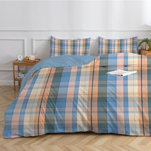 dyausi Bettwäsche 155x220 Kariert Karo Bettwäsche Set 3 Teilig 100% Microfaser Bettbezug 155x220 mit Reißverschluss 1 Bettbezügen & 2 Kissenbezug 80x80cm - Blau Orange