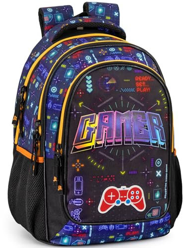 Julian Ross Gamer Pro Player Ergonomischer Schulrucksack für Kinder, 33x15x43cm, 3 Fächer, Netz für Trinkflasche, Gepolsterte Träger, Griff, Gefüttertes Innenfach, Rucksack Jungen