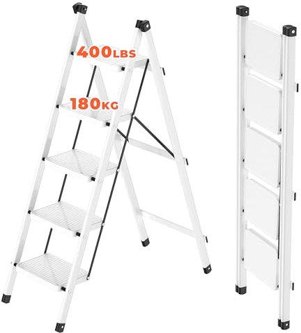JOISCOPE 5 Step Ladder, Metal Folding Ladder for Adult, 180KG Load Capacity Folding Step with Anti-Slip Pedals, Step Ladder Lightweight & Sturdy Multifunctional Folding Stool for Indoor/Outdoor, White