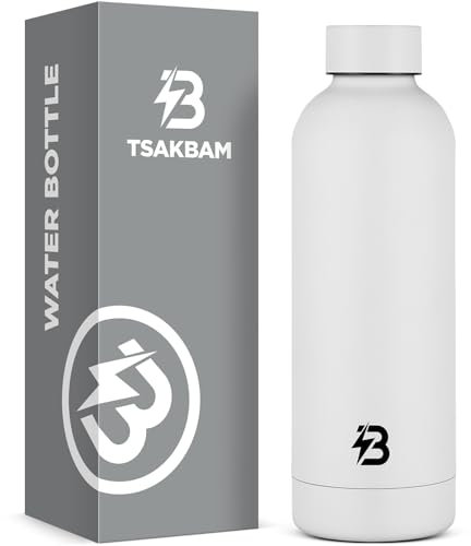 TSAKBAM Insulated Water Bottle with Lid, 17 oz Reusable Leak-Proof Metal Stainless Steel Water Bottles for Travel, Sports, Gym, Outdoor (White)