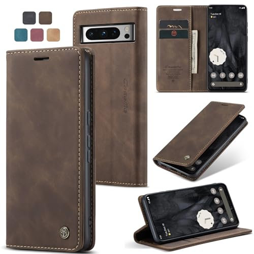 owlhold Handyhülle für Google Pixel 8 Pro Hülle Premium Lederhülle Weiches Vintage-Nubukleder Faltbare Ständer Schutzhülle Kartenfach Standfunktion stoßfest klapphülle Pixel 8 Pro -Kaffee