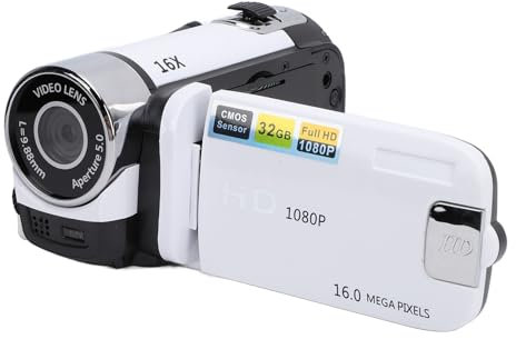 NDI PTZ-Kamera, Videokamera mit 2,4-Zoll-Farbbildschirm, Fülllicht, 16 MP, 1080P, 16-facher Digitaler Zoom, Shake-Videoaufzeichnung – Camcorder (White)