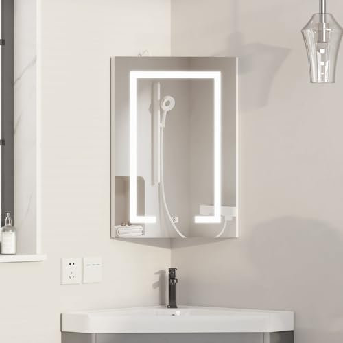Mepplzian Corner Bathroom Cabinets with Mirror,3-Color Led Bathroom Mirror Cabinets with Lights,Light Up Mirrored Cabinet Wall Mounted,Corner Wall Cabinet with Shelves,40x60