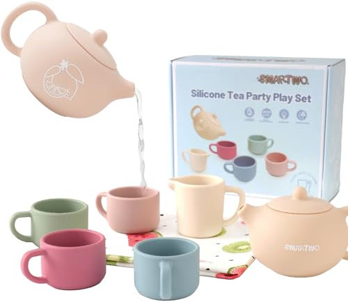 Smartwo Silicone Tea Set for Toddlers, Afternoon Tea Party Playset, Gift for 1 2 3 Year Old Baby Girl Boy, Kid Role Play Picnic, Outdoor Pretend Play Mud Kitchen Accessories, Toy Cup and Teapot