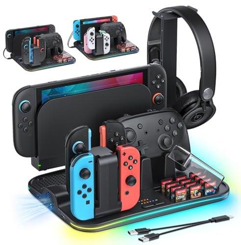 [Switch 2/1 Kompatibel]FASTSNAIL Ladestation & Orgainzer für Nintendo Switch 2/1/OLED für Joycon, Switch 2 Ständer mit 9 RGB-Modi, Lüfter, LED-Anzeige, 12 Kartenschlitze, Controller&Kopfhörerhalterung