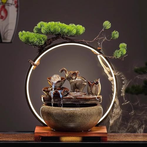 Fontaine à eau de table avec refoulement d'encens Fontaine à eau d'intérieur avec LED pour attirer la richesse Humidificateur de bureau Décoration Zen Fontaine à eau sans plantes