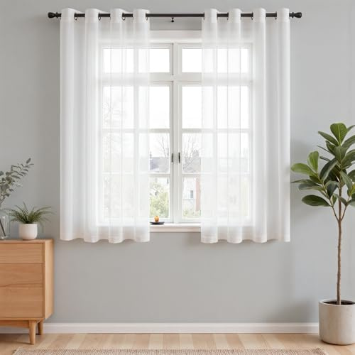 Vangao Gardinen mit Ösen Voile Vorhänge kurz 2er Set H145xB140cm, Weiß | Vorhang Wohnzimmer Schlafzimmer Kinderzimmer Küche Fenster, Halbtransparent Lichtdurchlässig Vorhänge Weiss Boho Landhausstil