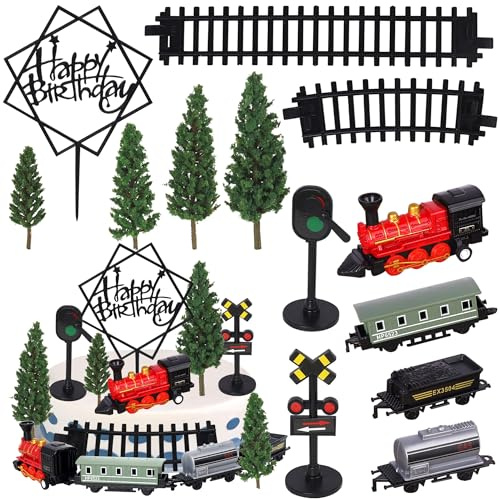 Xsstarmi Train Cake Topper Decorations with Traffic Track Railway Lights Steam Trains Cake Pick for Baby Shower Boy's Kids Birthday Party DIY Cake Decorations Supplies