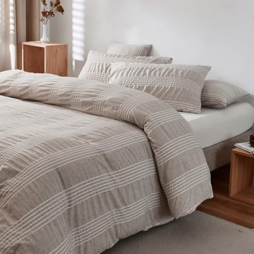 Tospass Seersucker Bettwäsche 200x200 Khaki 3Teilig Geometrische Linie Bettwäsche-Sets Weich Kuschelig Gebürstet Microfaser, 1 Bettbezug 200x200 und 2 Kissenbezüge 80x80 mit Reißverschluss
