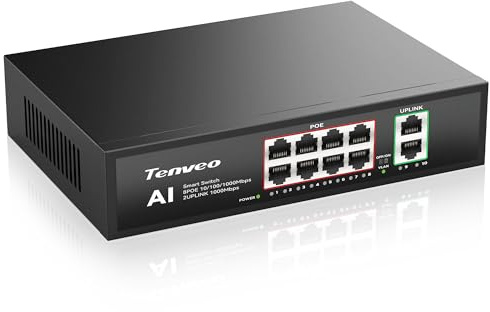 Tenveo Switch Poe 8 Porte Full Gigabit, 8 Porte Poe+ @120W, 2 Porte Uplink, Plug & Play, Supporto VLAN, Alimentazione 802.3af/at 120W, Switch di Rete Professionale AI Smart per Live Streaming