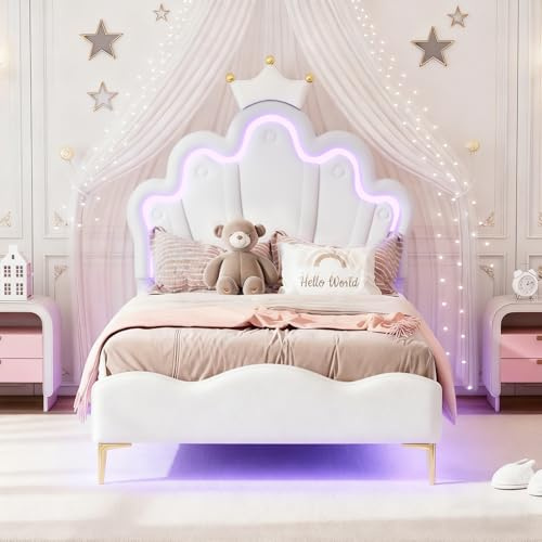 MASAJIA Prinzessinnenbett mit LED-Beleuchtung 90x200cm,Gepolstertes Einzelbett für Mädchen - 90x200 Bettgestell mit Verstellbares Kopfteil + Lattenrost, Weiß,PU