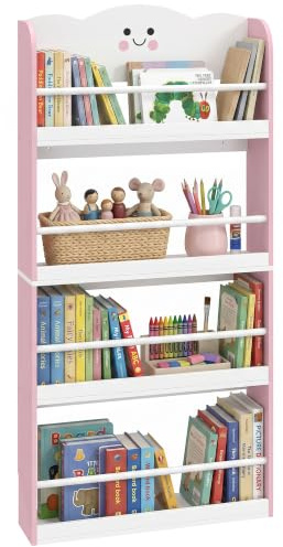AIYAPLAY Bücherregal Kinder, Kinderregal mit 4 Etagen 60 x 15 x 120 cm Rosa | vertikales Kinderzimmerregal im Zuckerwatte-Design, Spielzeugregal für Bücher Spielzeug Kinderzimmer