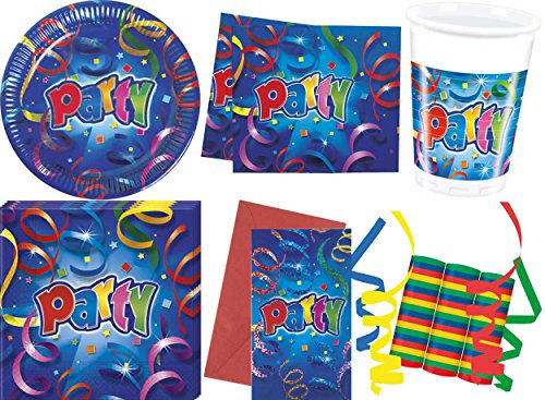 JT-Lizenzen Streamers Luftschlangen 46-teiliges Geburtstag Party Deko Set Standard Motto Fete Feier 8 Teller, 8 Becher, 20 Servietten, Tischdecke, 6 Einladungskarten, 3 Rollen Luftschlangen
