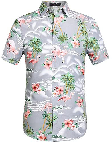 SSLR Chemise Hawaïenne Homme Flamants Fleurs Casual Manche Courte (Medium, Gris Clair)