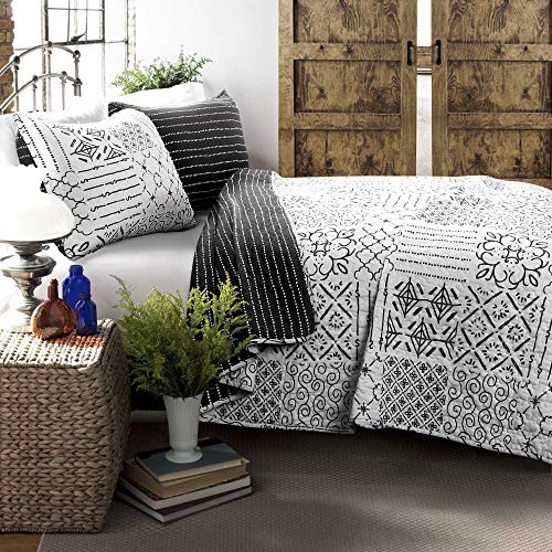 Lush Decor Monique Reversible Cotton Quilt King Size 3 Piece Set Charcoal - Black Bedding Set King Quilt - Patchwork Quilts - Boho Decor