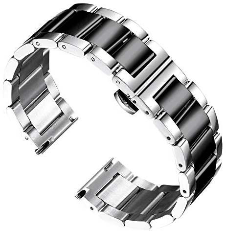BINLUN Edelstahl Uhrenarmband Ersatzarmband Poliert Metall Uhrenarmbänder Matt Gebürstet Metallarmband für Herren Damen mit Schmetterlingsschnalle(Poliertes Silber und Schwarz 16mm)