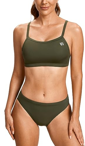 SYROKAN Damen Sport Badeanzug Bikini Set Bikinioberteil mit Licht Gepolstert Dunkle Olive S