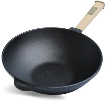 4BIG.fun Poêle wok en fonte à induction avec manche en bois 26 cm 2,8 l Wok à griller pour le camping