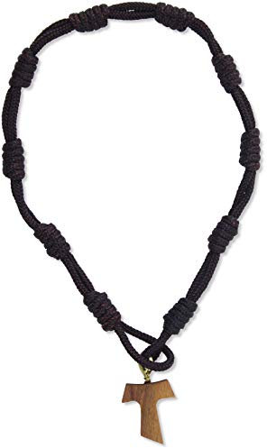 Bracelet français en cordon avec croix Tau en bois d'olivier. Composé de dix nœuds tout le bracelet. Lot de 10 pièces.