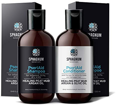 Psoriasis Shampoo and Conditioner Set - Complete Peat Mud Therapy for Itchy Scalp. Natural Healing Peat, Argan and Olive Oil Treatment No Coal Tar. For Both Men and Women.