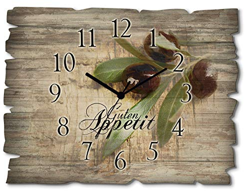 ARTLAND Wanddeko Wanduhr ohne Tickgeräusche aus Holz Funkuhr 40x30 cm Rechteckig Lautlos Guten Appetit Essen Olive Food Ländlich H6ZI